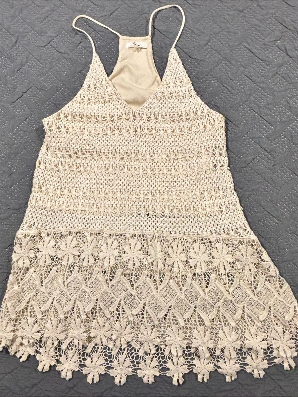 Soprano Beige Crochet Tank with Floral Lace Hem and Upper Lining